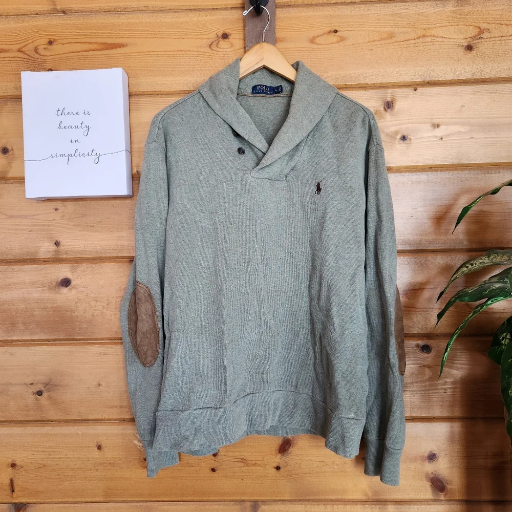 Polo Ralph Lauren Sweater Preppy Shawl Collar Elbow Patch L/S Pullover Knit Sz L